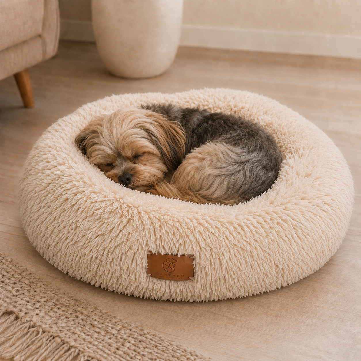 Mascota descansando en la cama puff beige